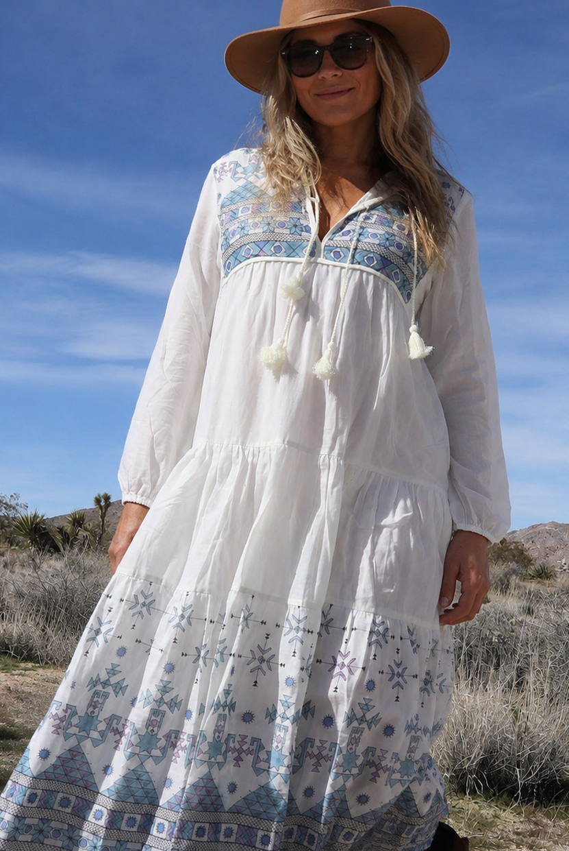 Kayla Printed Long Dress With Tassels Natural/Blue ML