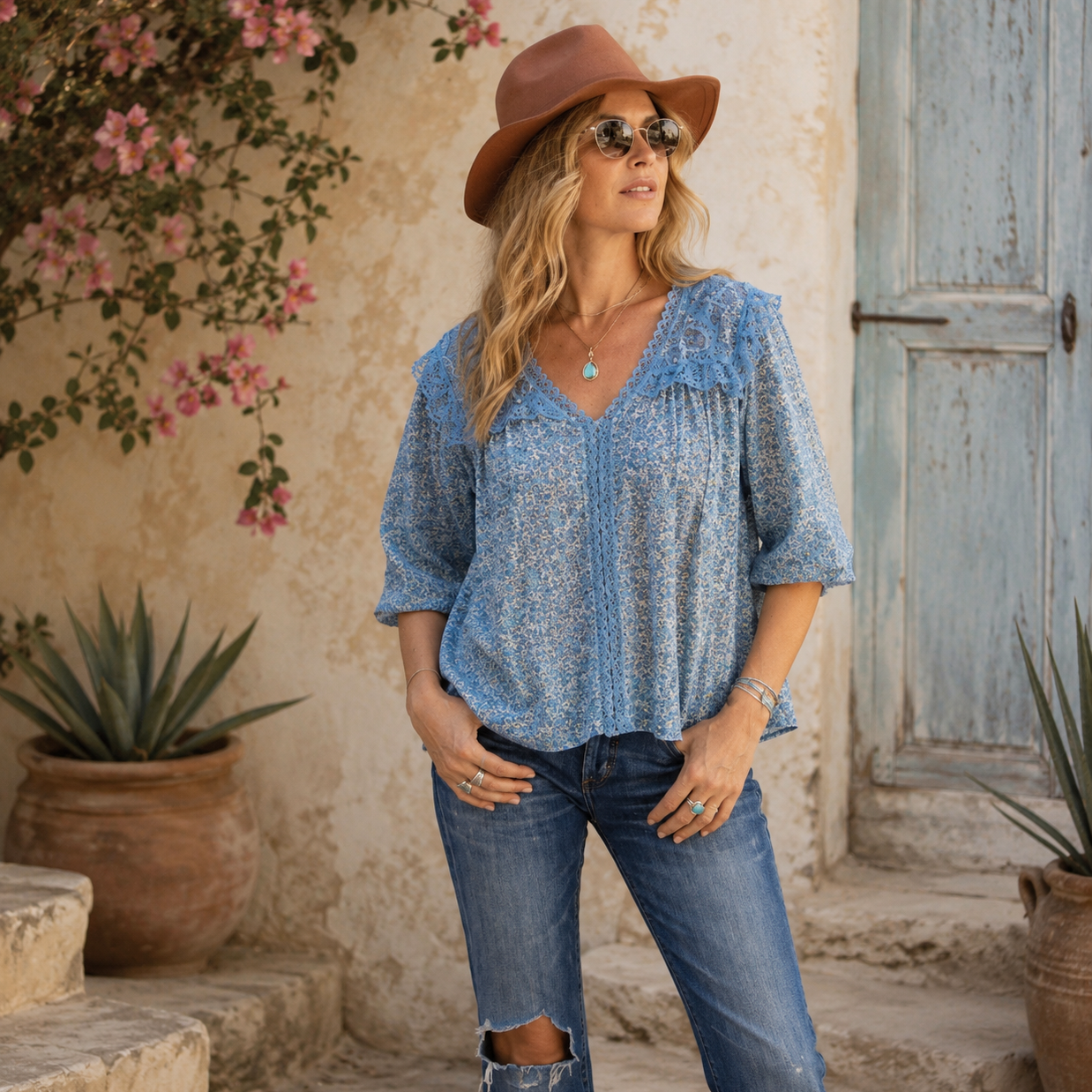 Kelly Printed Blouse Short Sleeves With Lace Liberty Blue