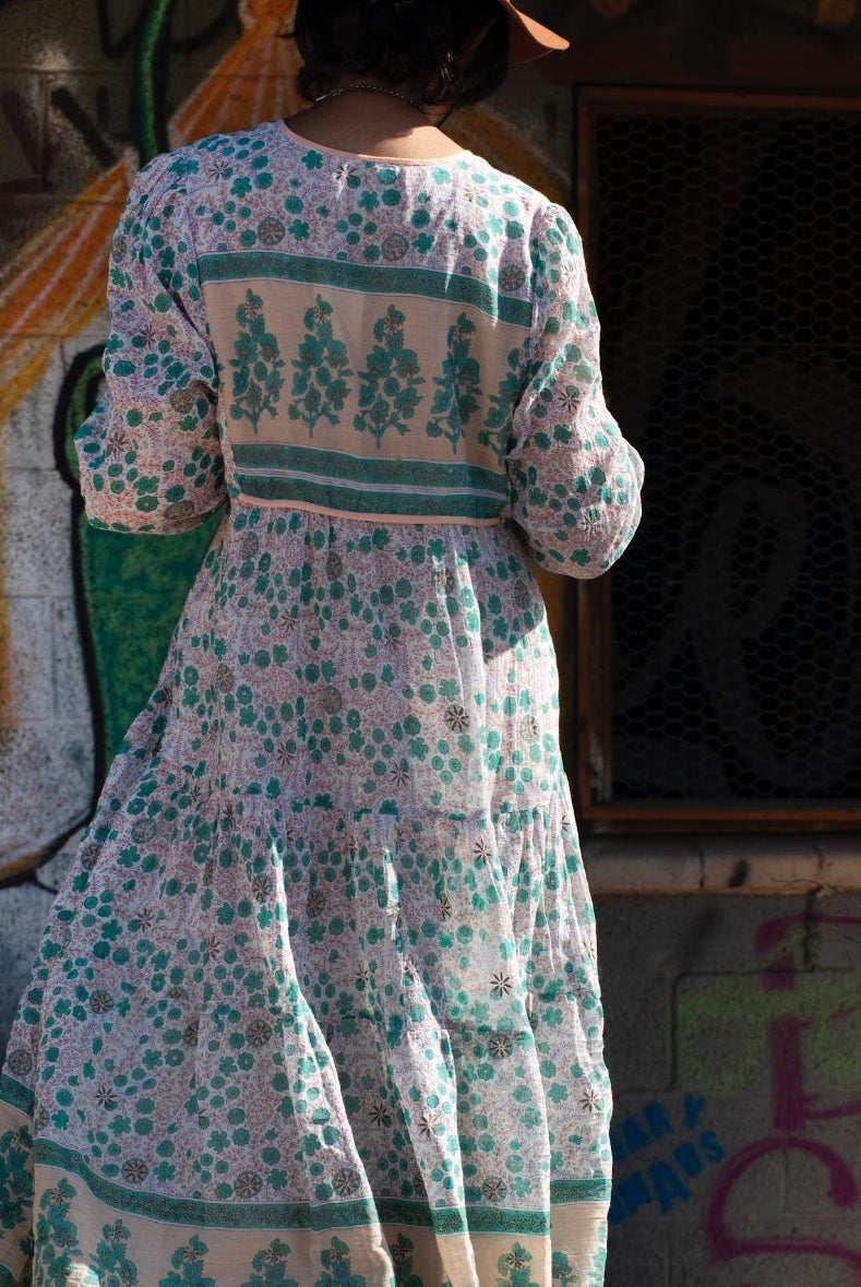 Kayla Printed Long Dress With Tassels Peach/Aqua