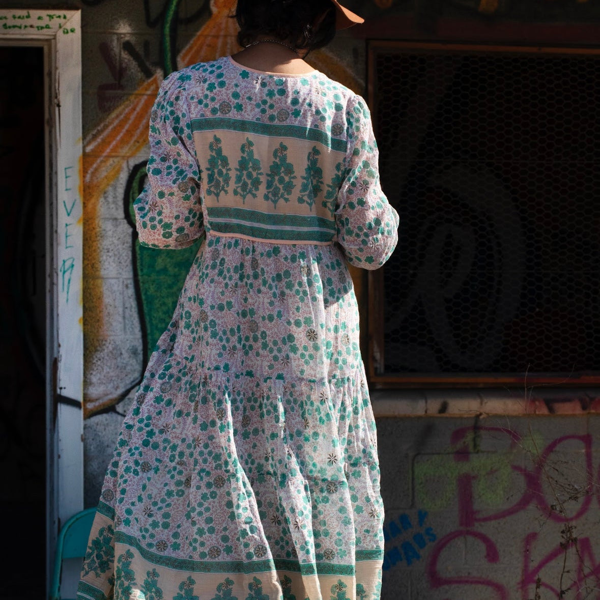 Kayla Printed Long Dress With Tassels Peach/Aqua