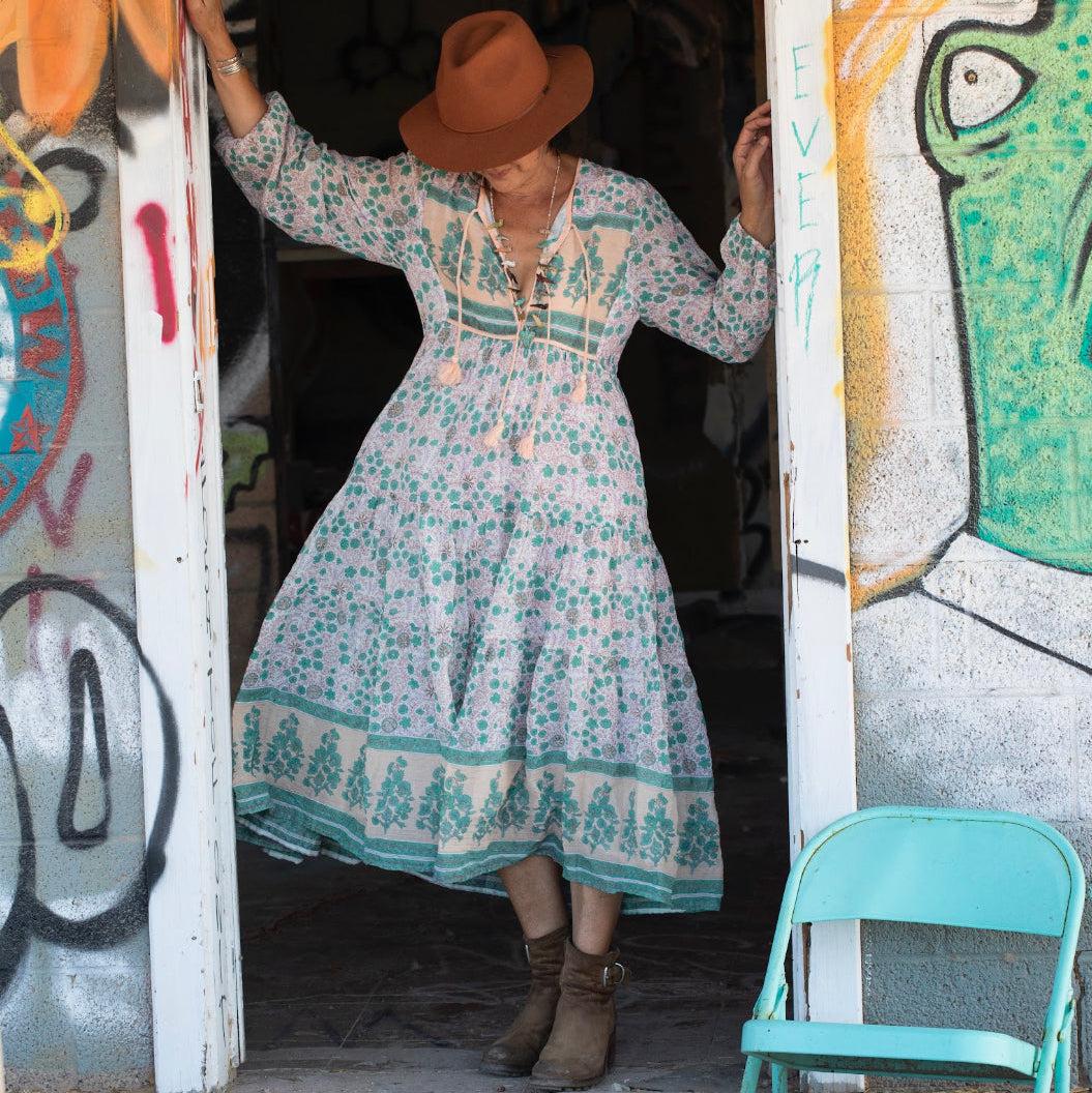 Kayla Printed Long Dress With Tassels Peach/Aqua S M
