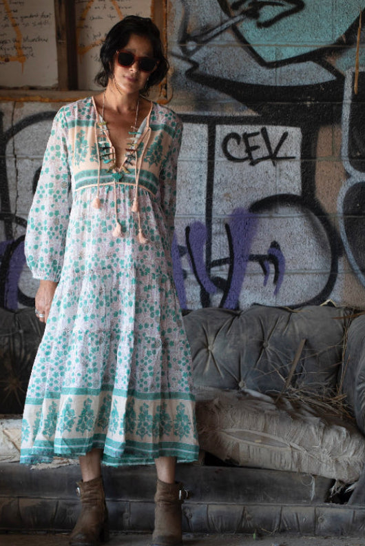 Kayla Printed Long Dress With Tassels Peach/Aqua