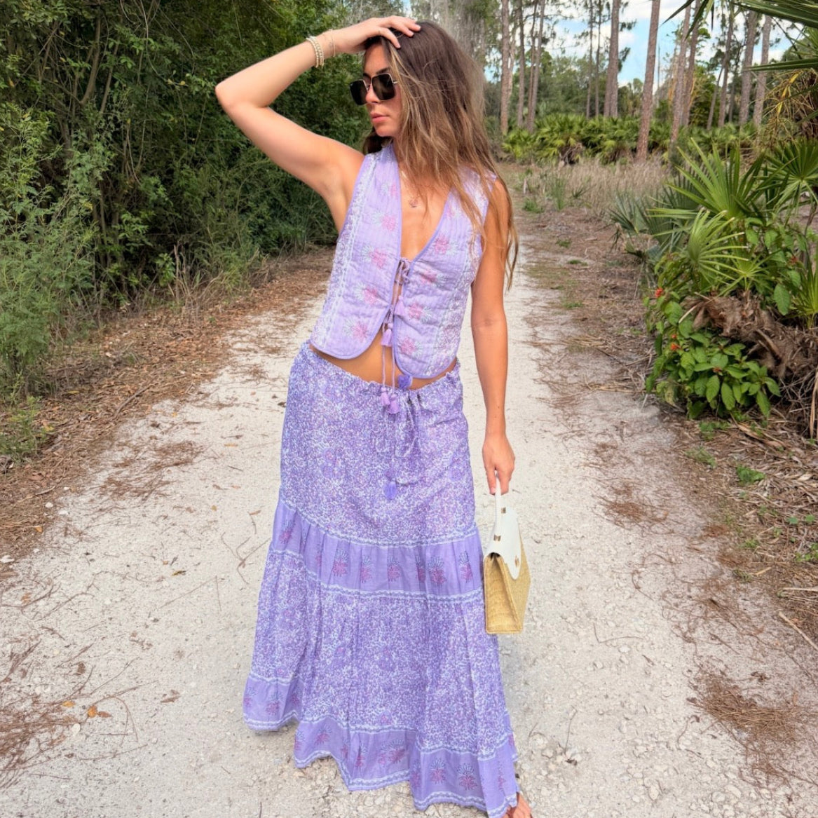 June Printed Sleeveless Vest With Tassels Lilac