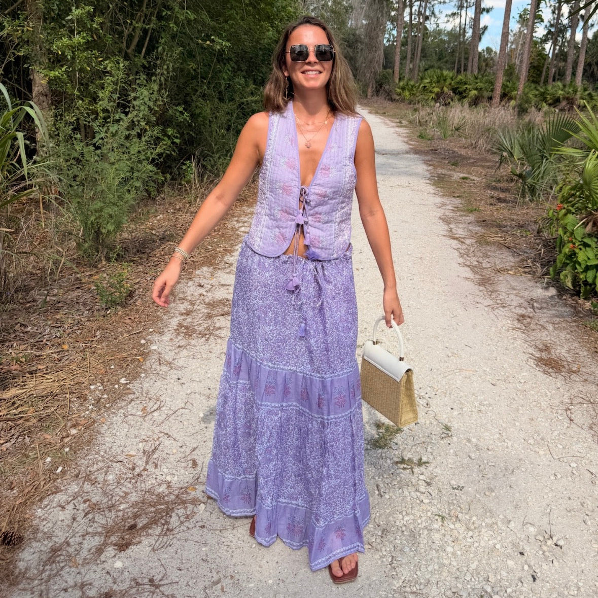 Roxane Printed Maxi Skirt with Adjustable Drawstrings Lilac