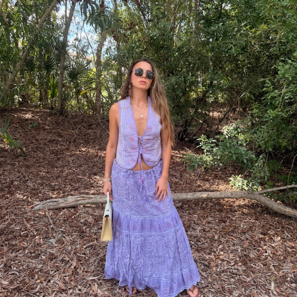 Roxane Printed Maxi Skirt with Adjustable Drawstrings Lilac
