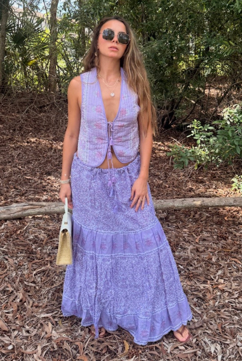 June Printed Sleeveless Vest With Tassels Lilac
