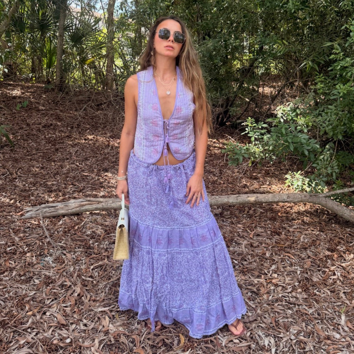June Printed Sleeveless Vest With Tassels Lilac