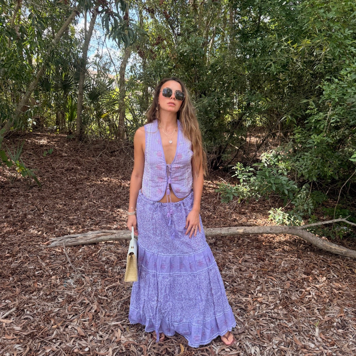 Roxane Printed Maxi Skirt with Adjustable Drawstrings Lilac