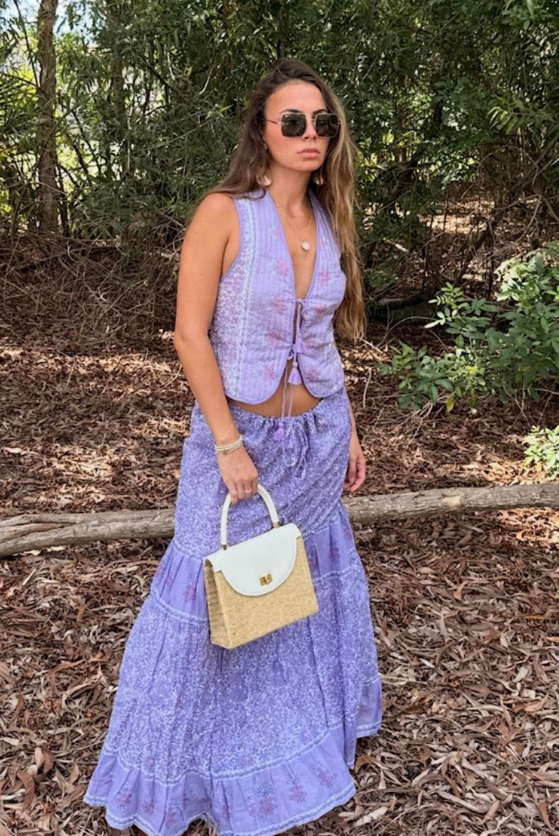 June Printed Sleeveless Vest With Tassels Lilac
