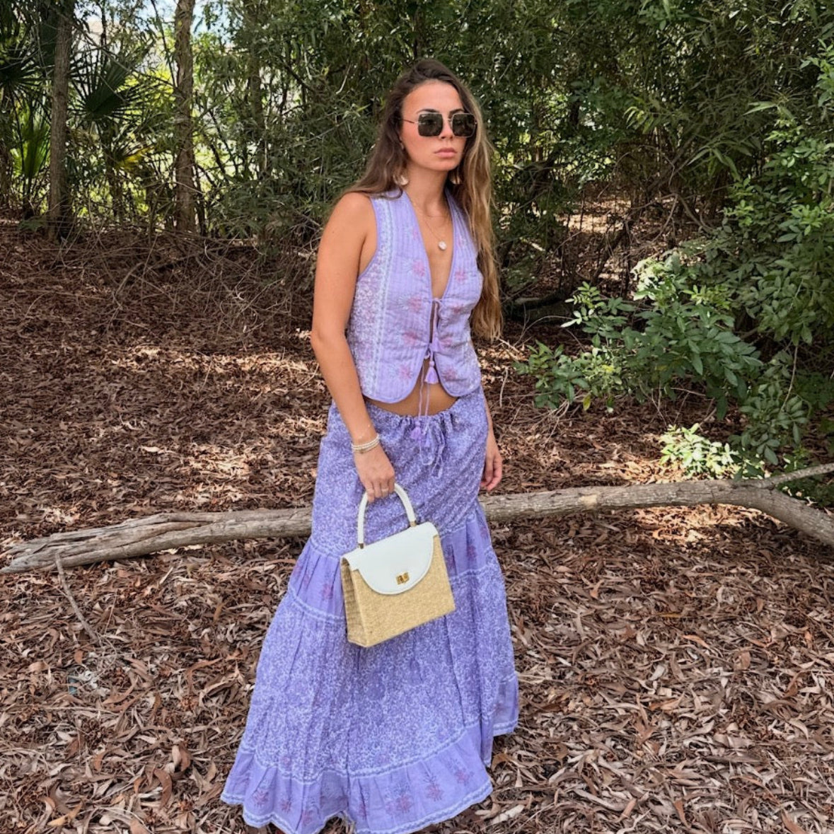 June Printed Sleeveless Vest With Tassels Lilac
