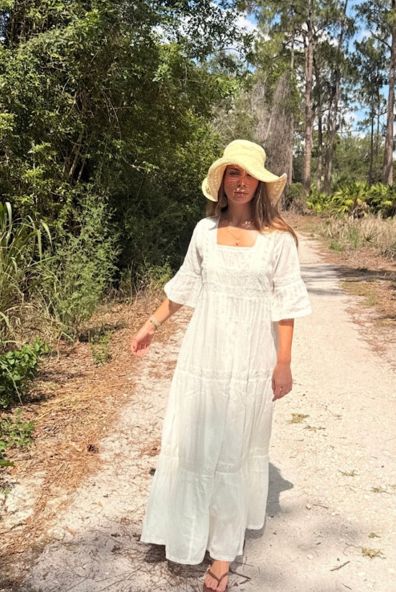 Louise Maxi Dress Short Sleeves With Lace Natural