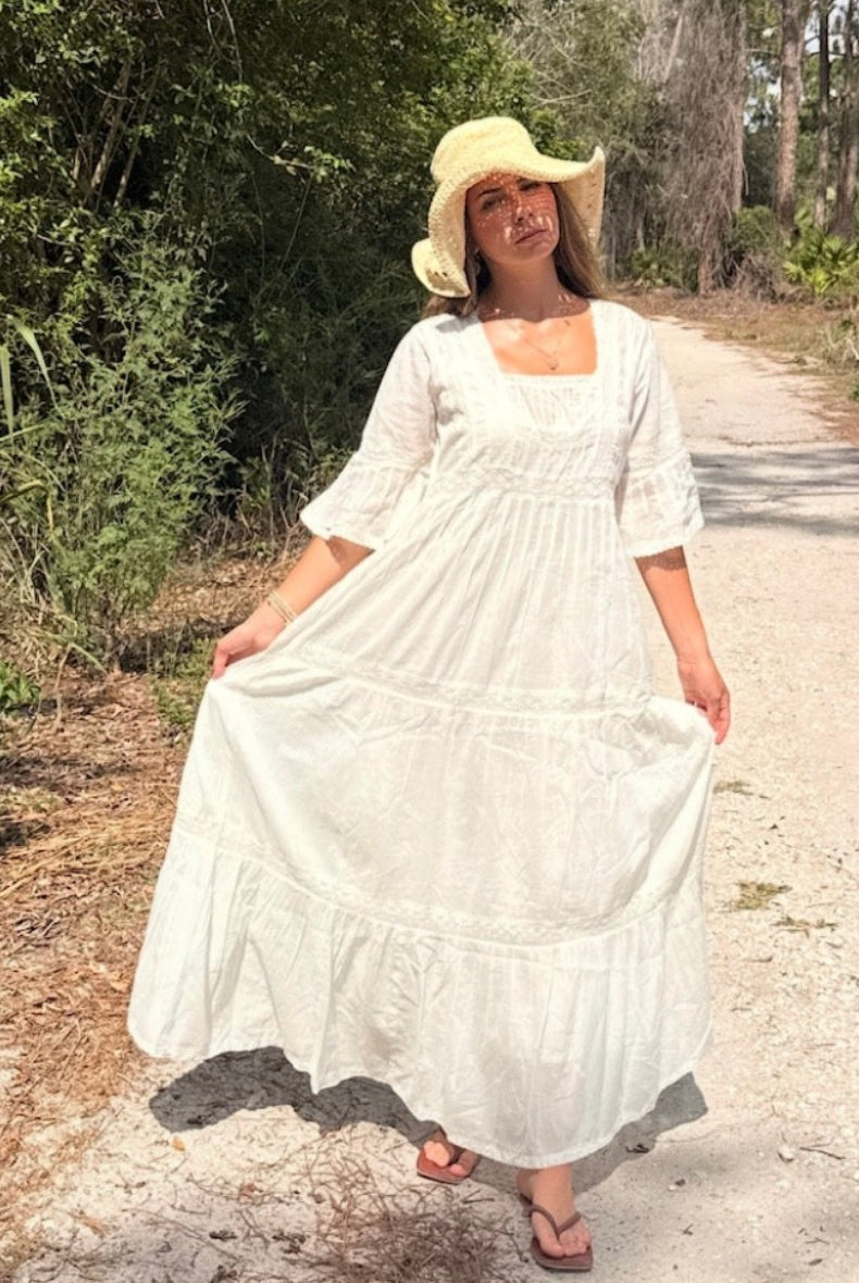 Louise Maxi Dress Short Sleeves With Lace Natural