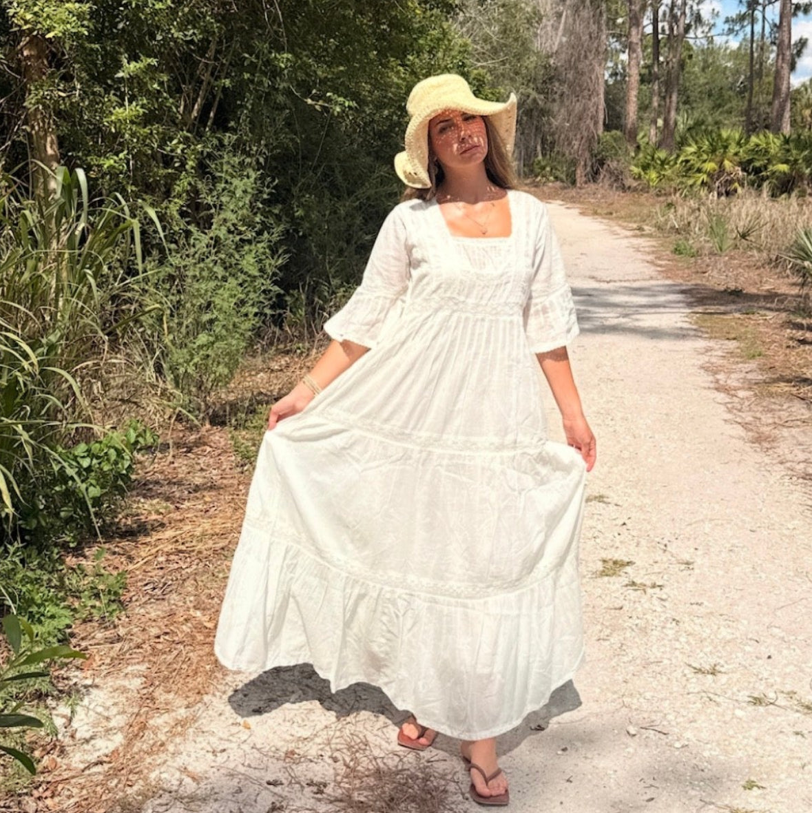 Louise Maxi Dress Short Sleeves With Lace Natural