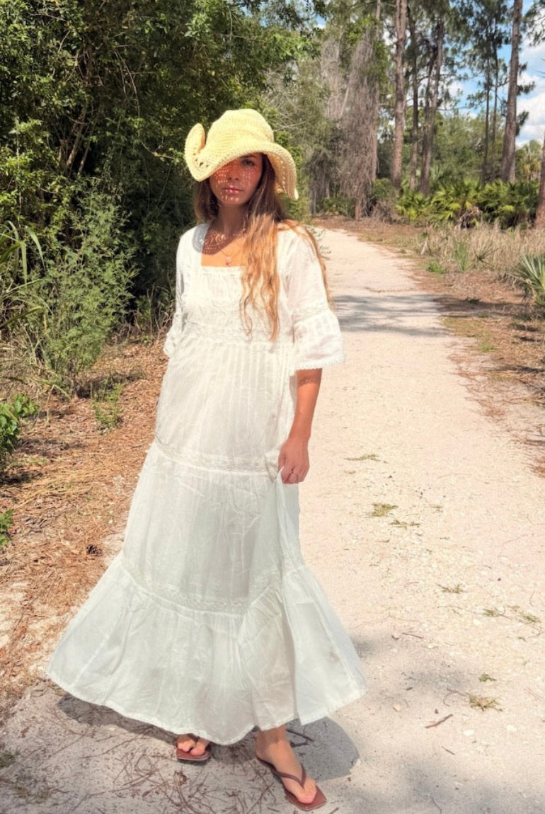 Louise Maxi Dress Short Sleeves With Lace Natural