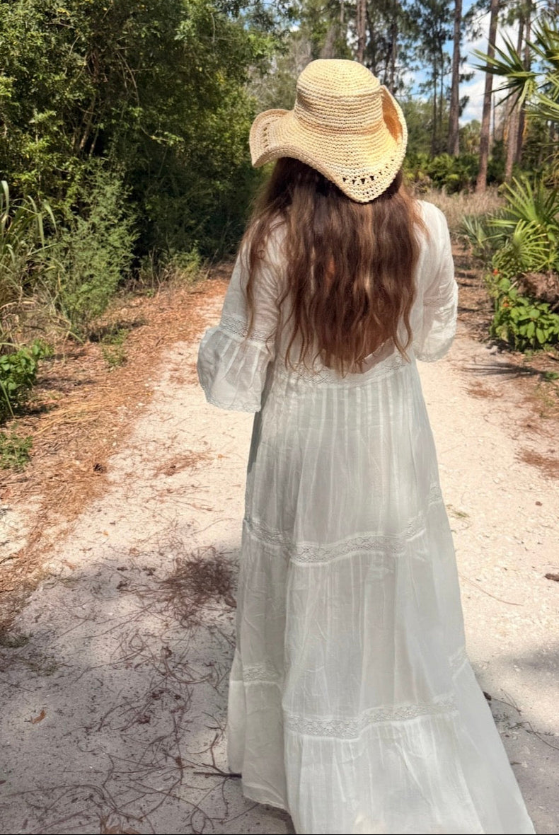 Louise Maxi Dress Short Sleeves With Lace Natural
