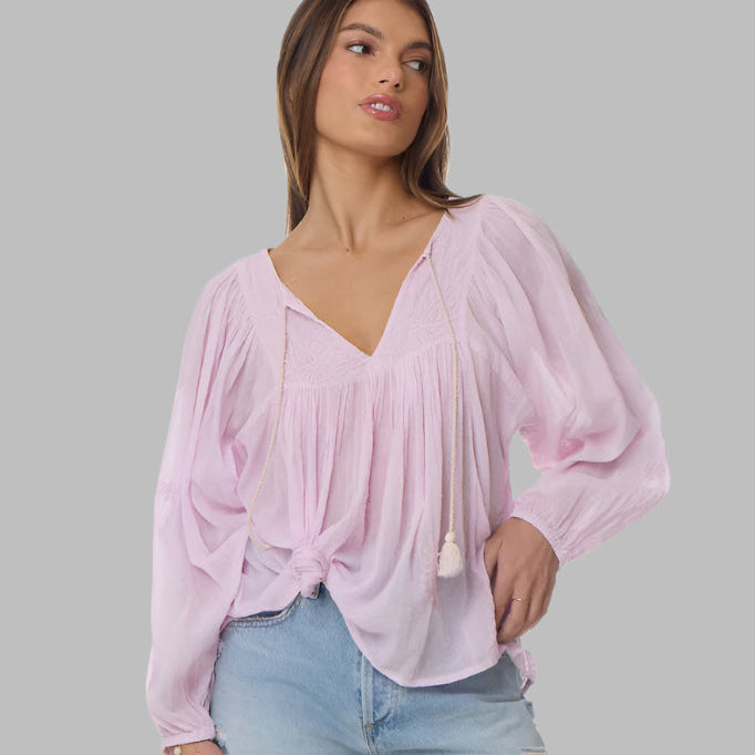 Mylene Hand Embroidered Tunic Long Sleeves With Tassels Lavender