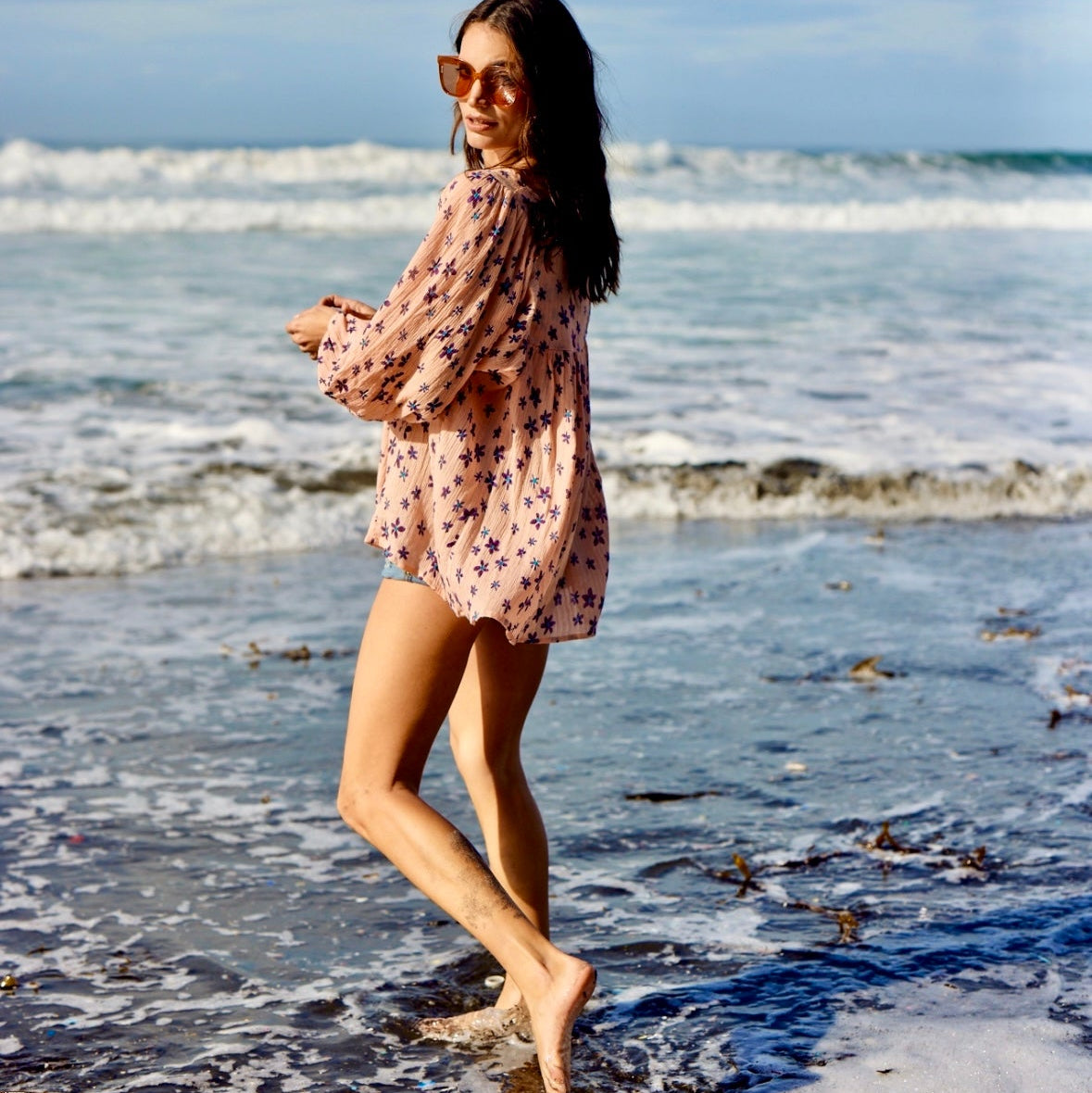 Marisa Printed Blouse Long Sleeves With Tassels Coral/Purple
