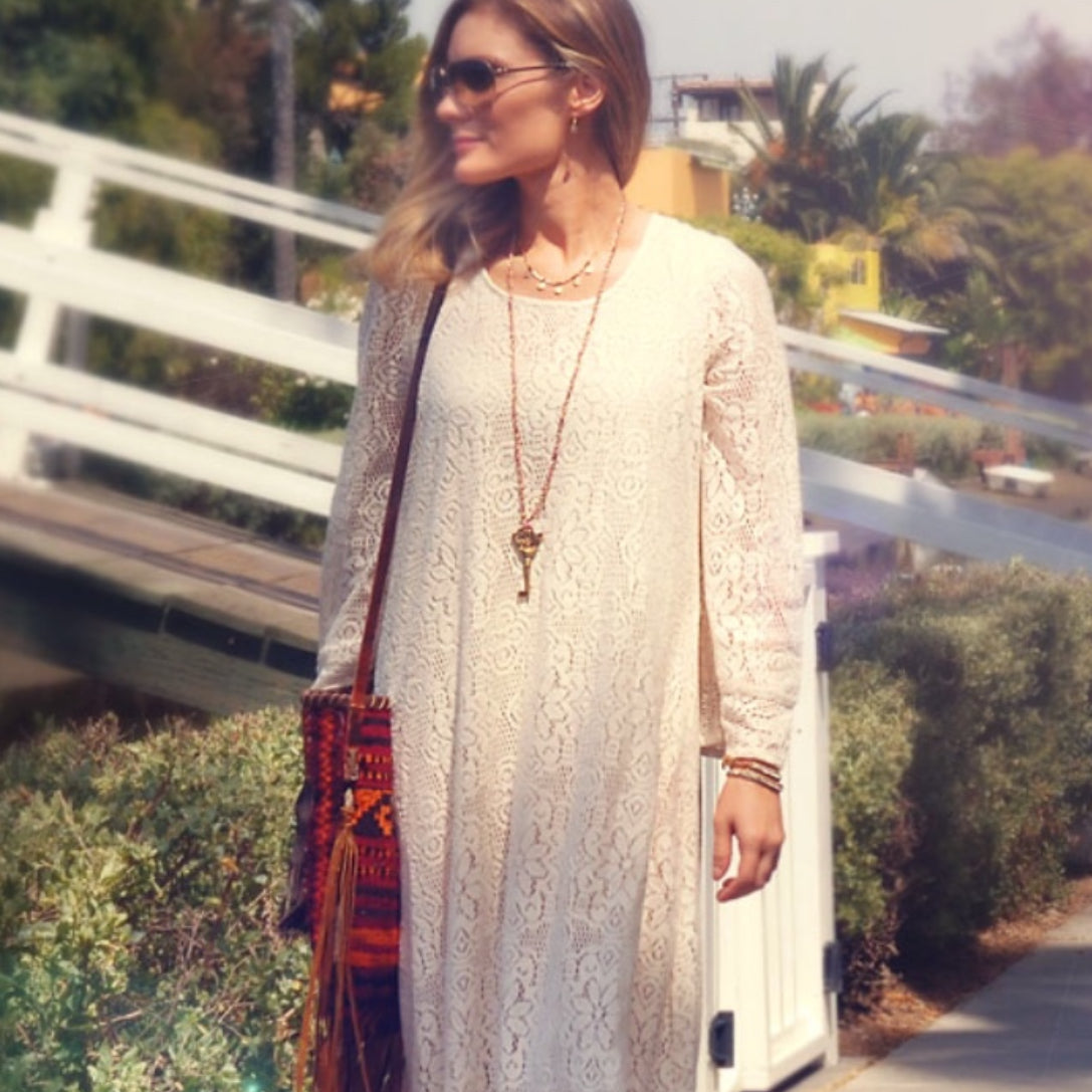 Ibiza Lace Maxi Dress or Duster With Long Sleeves Natural