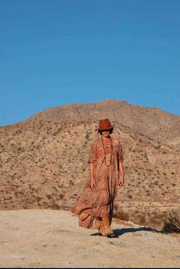 Ella Printed Maxi Dress Long Sleeves Beige