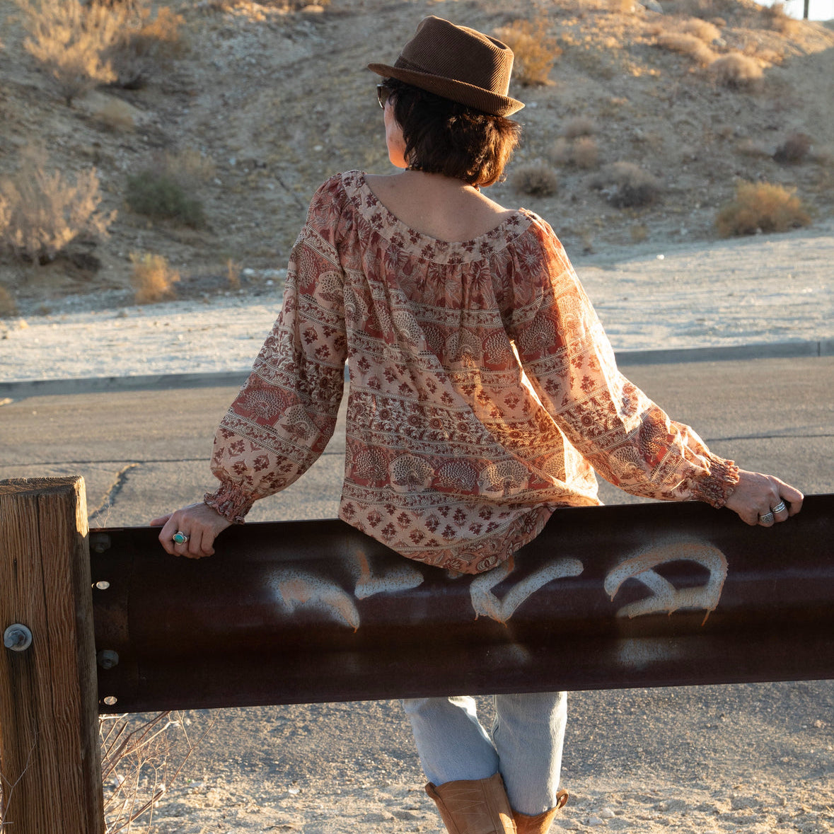 Ella Printed Blouse Long Sleeves With Drawstrings and Tassels Beige