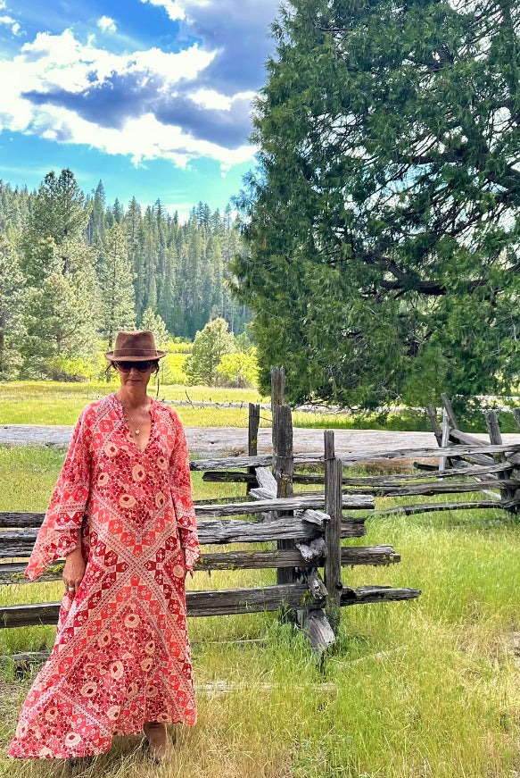 Audrey Printed Maxi Dress Butterfly Sleeves Red