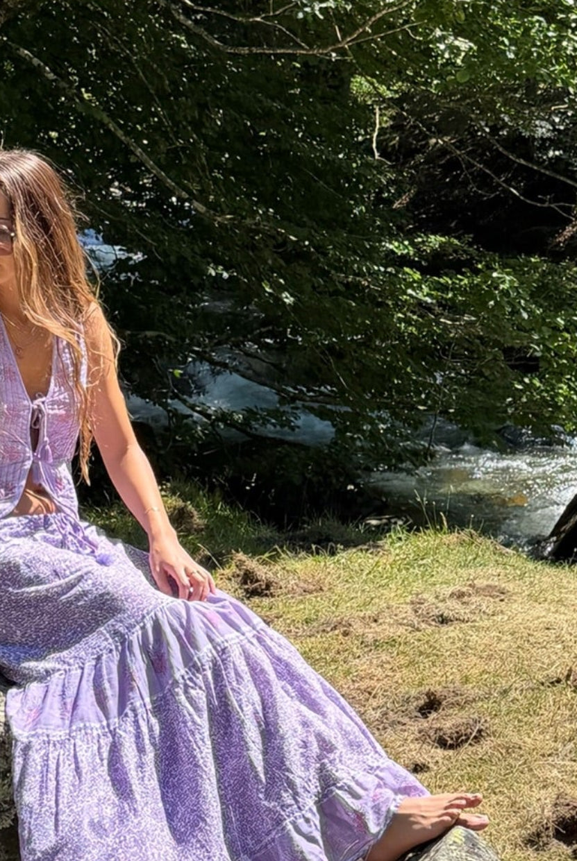June Printed Sleeveless Vest With Tassels Lilac