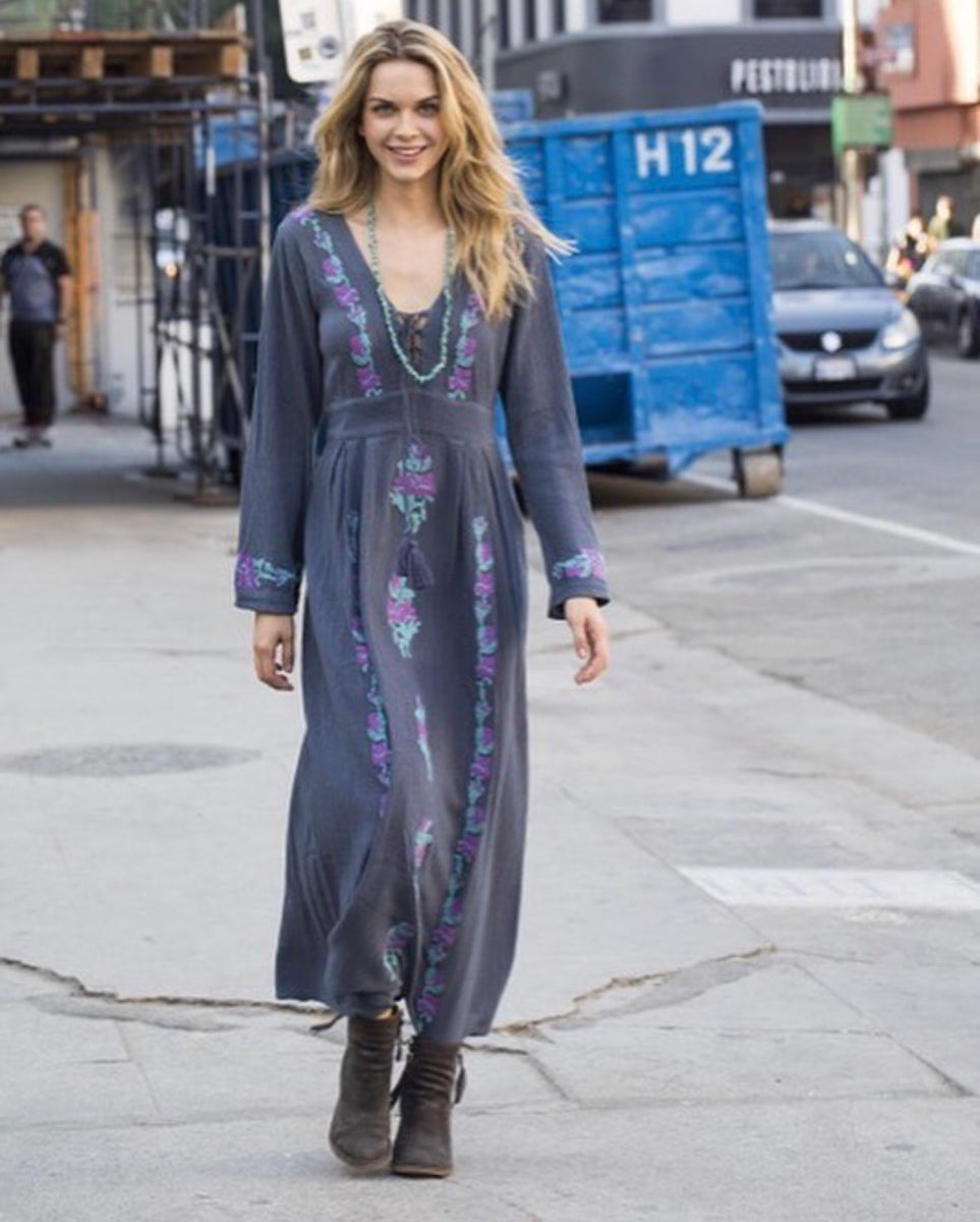 Thea Embroidered Maxi Dress Long Sleeves and Tassels Grey/Turquoise M/L