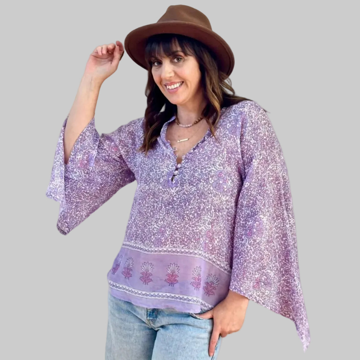 Audrey Printed Butterfly Sleeves Blouse Lilac