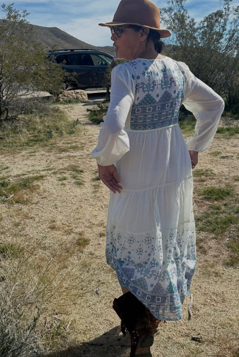 Kayla Printed Long Dress With Tassels Natural/Blue
