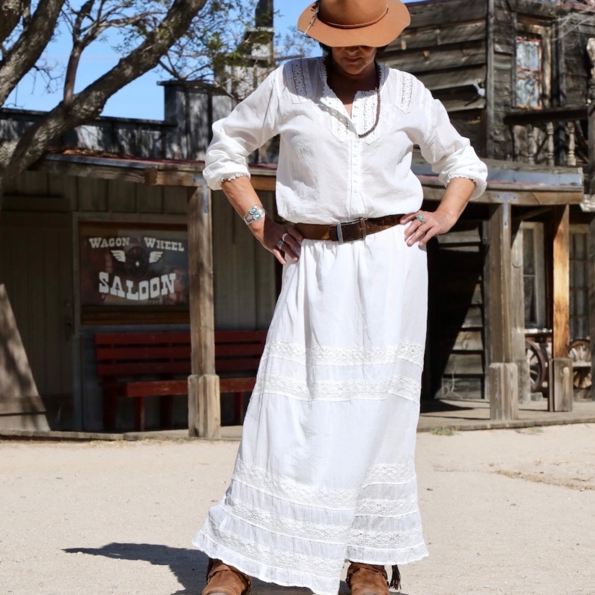 Lilian Maxi Skirt With Lace and Adjustable Drawstrings Natural