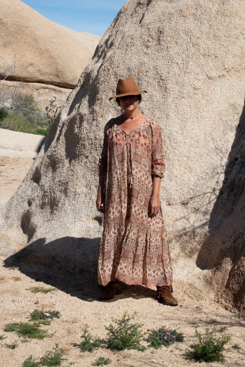 Ella Printed Maxi Dress Long Sleeves With Side Pockets Beige