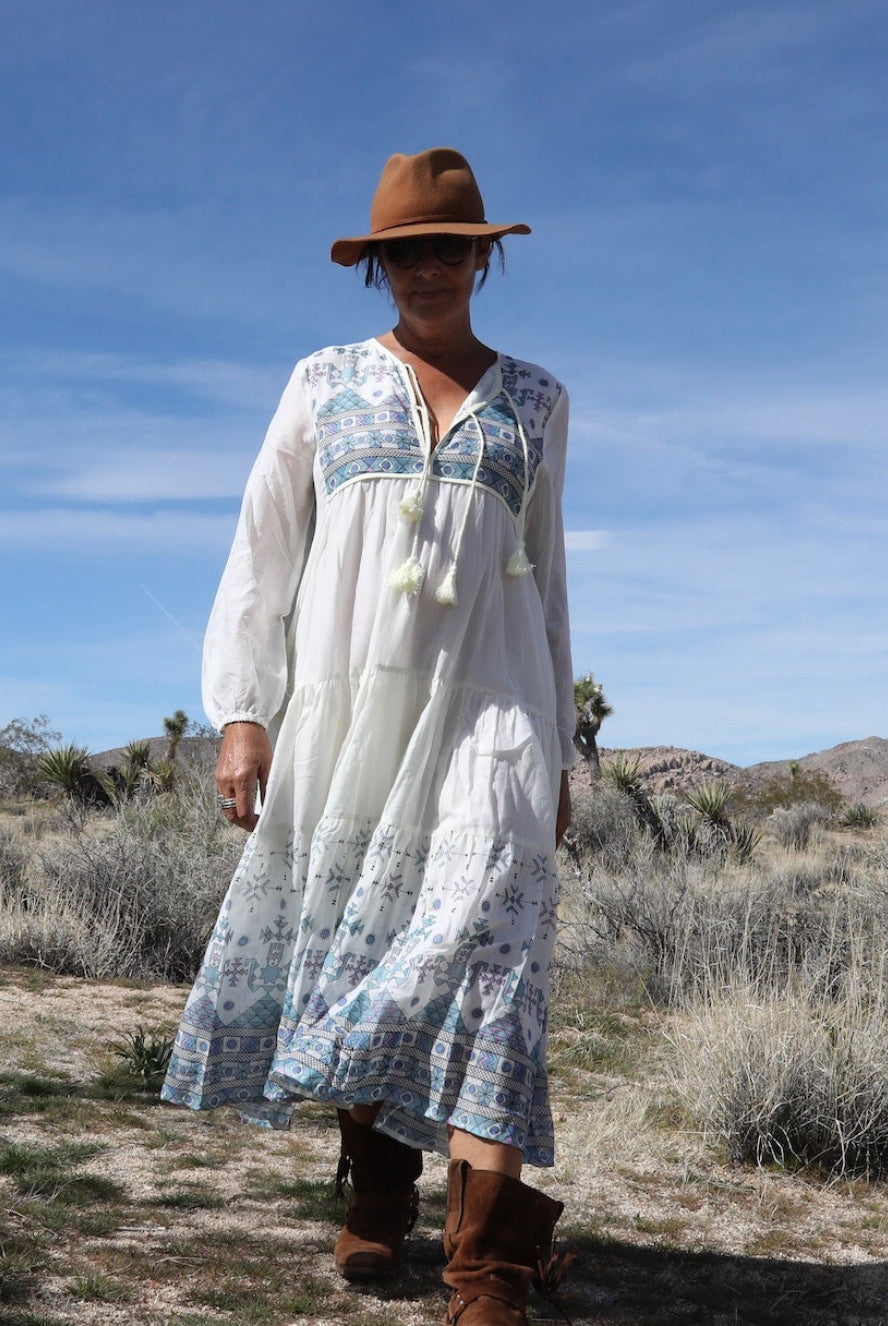 Kayla Printed Long Dress With Tassels Natural/Blue