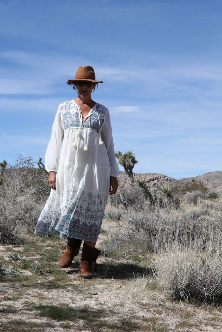 Kayla Printed Long Dress With Tassels Natural/Blue