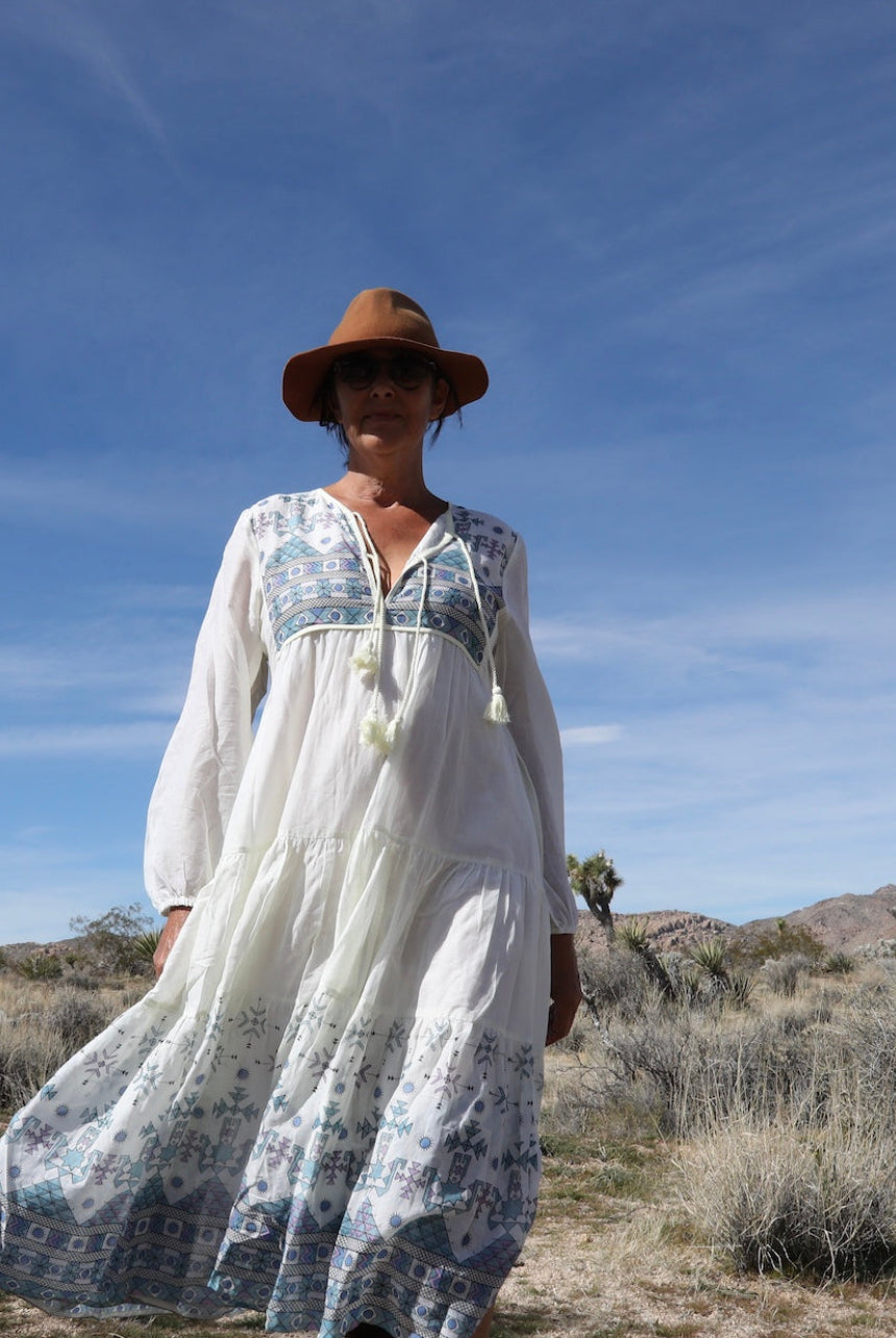 Kayla Printed Long Dress With Tassels Natural/Blue