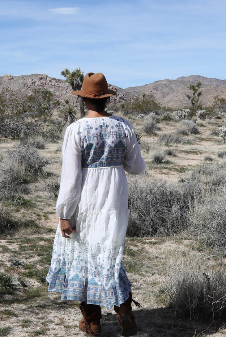 Kayla Printed Long Dress With Tassels Natural/Blue