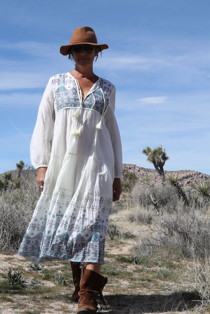 Kayla Printed Long Dress With Tassels Natural/Blue
