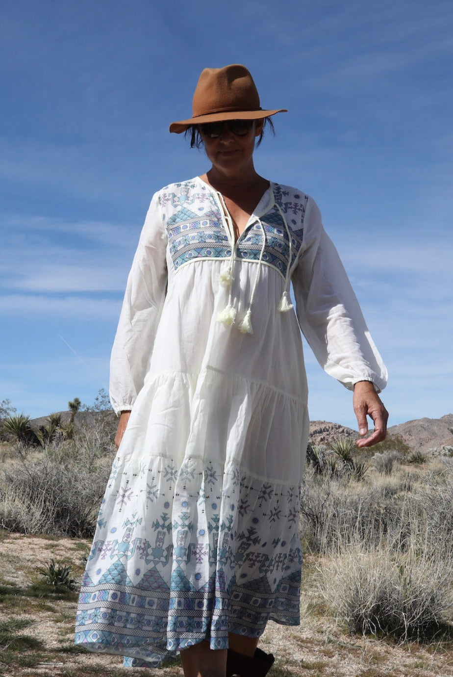 Kayla Printed Long Dress With Tassels Natural/Blue