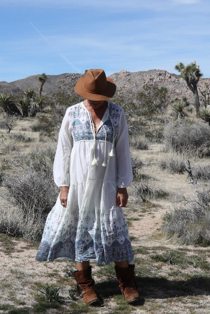 Kayla Printed Long Dress With Tassels Natural/Blue