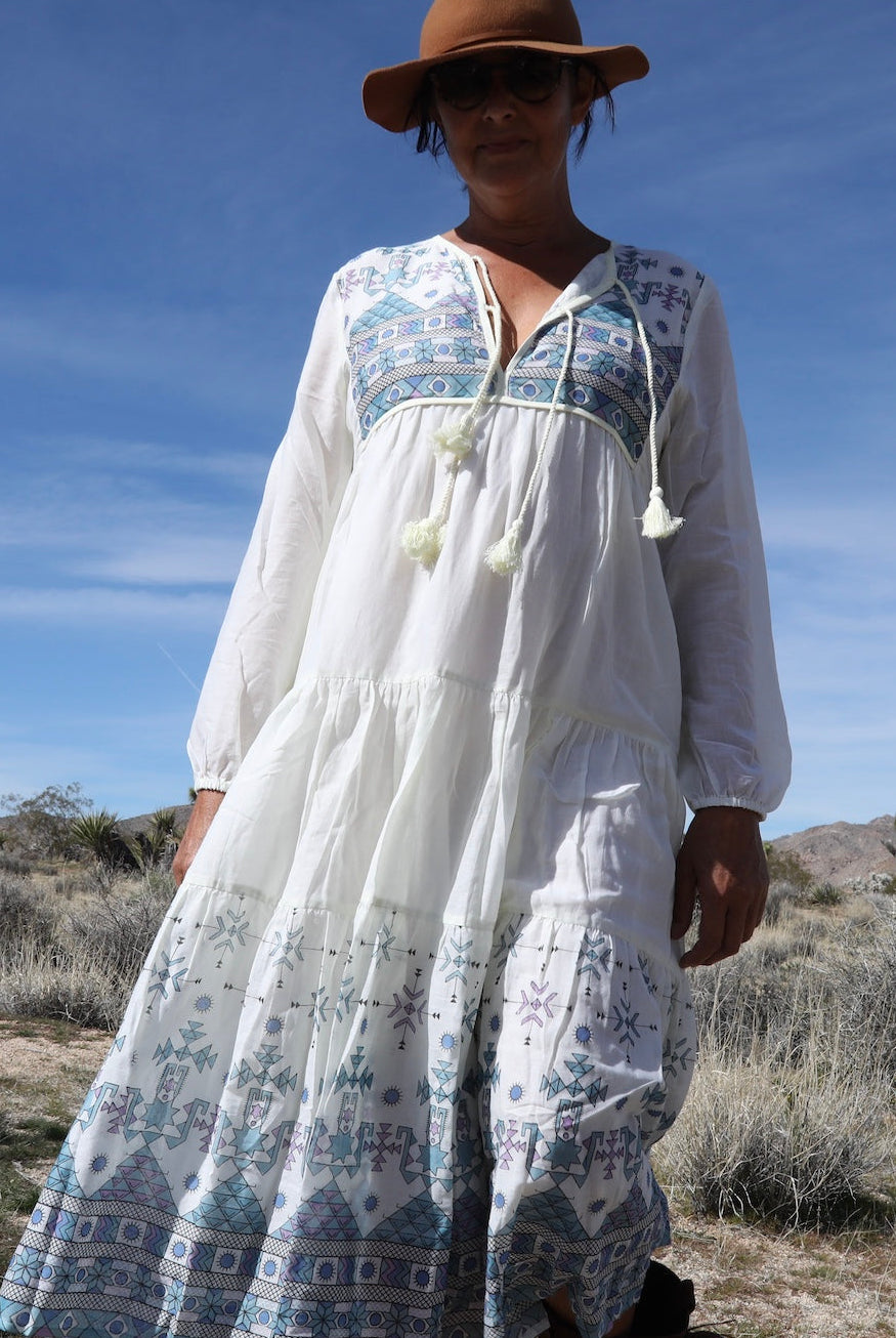 Kayla Printed Long Dress With Tassels Natural/Blue