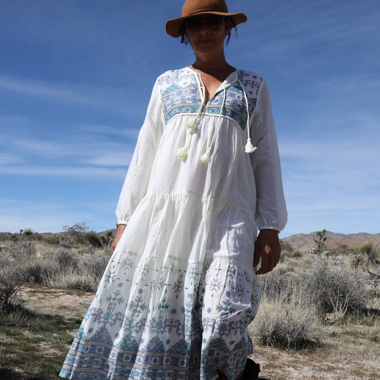 Kayla Printed Long Dress With Tassels Natural/Blue
