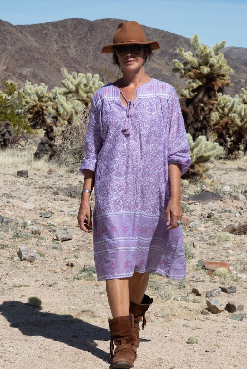 Romy Printed Midi Dress Long Sleeves and Side Pockets Lilac