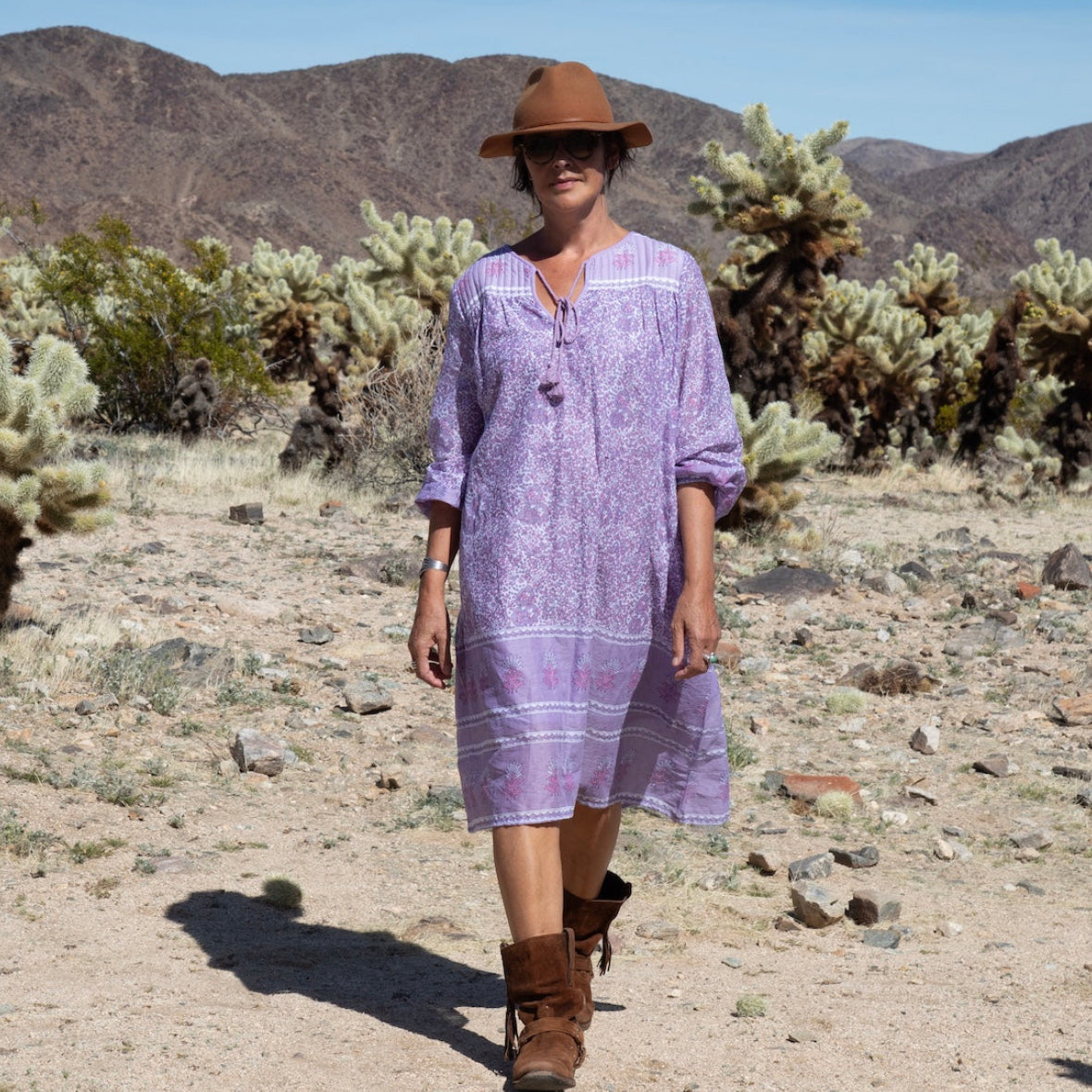 Romy Printed Midi Dress Long Sleeves and Side Pockets Lilac