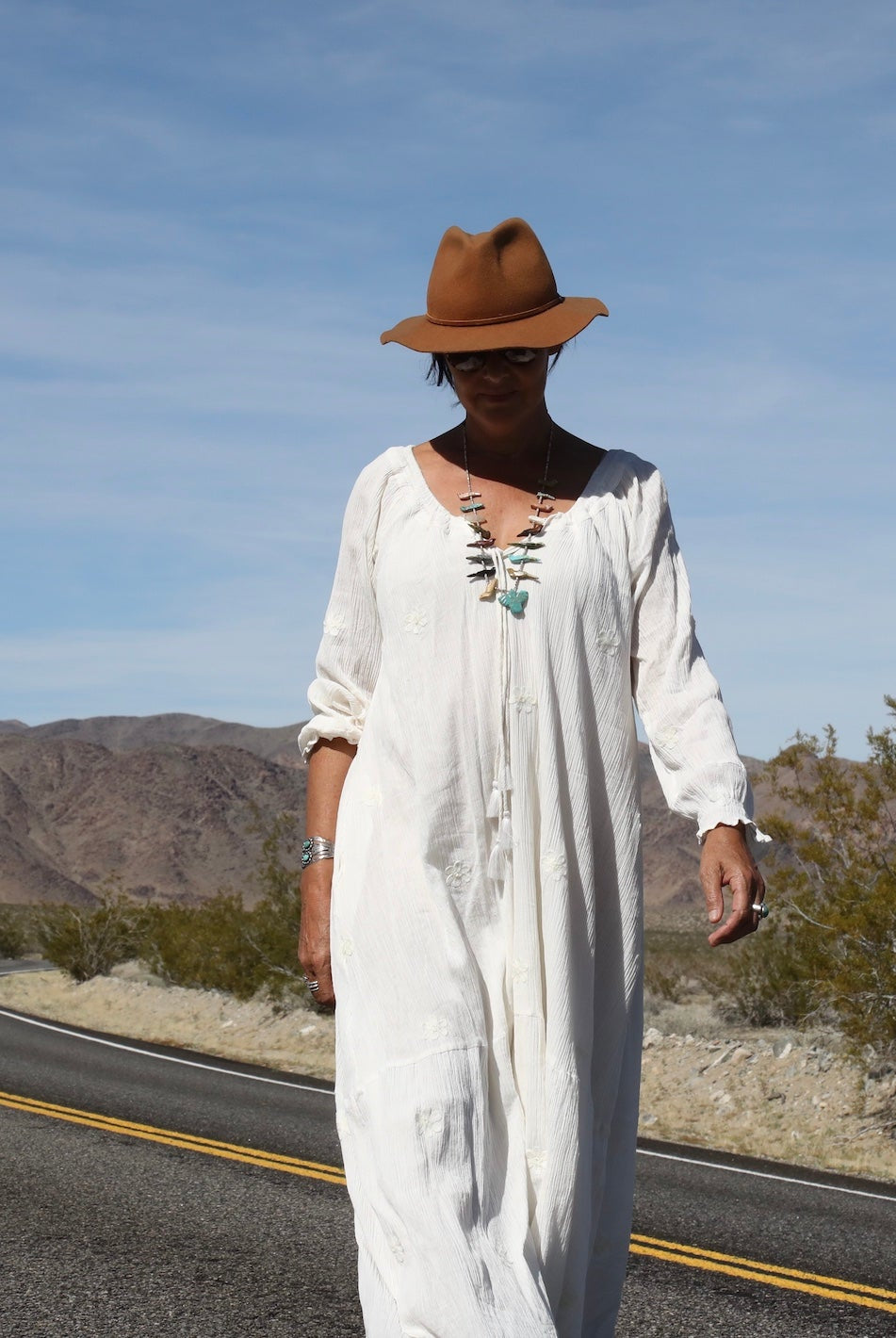 Thelma Embroidered Maxi Dress With Long Sleeves And Side Pockets Natural