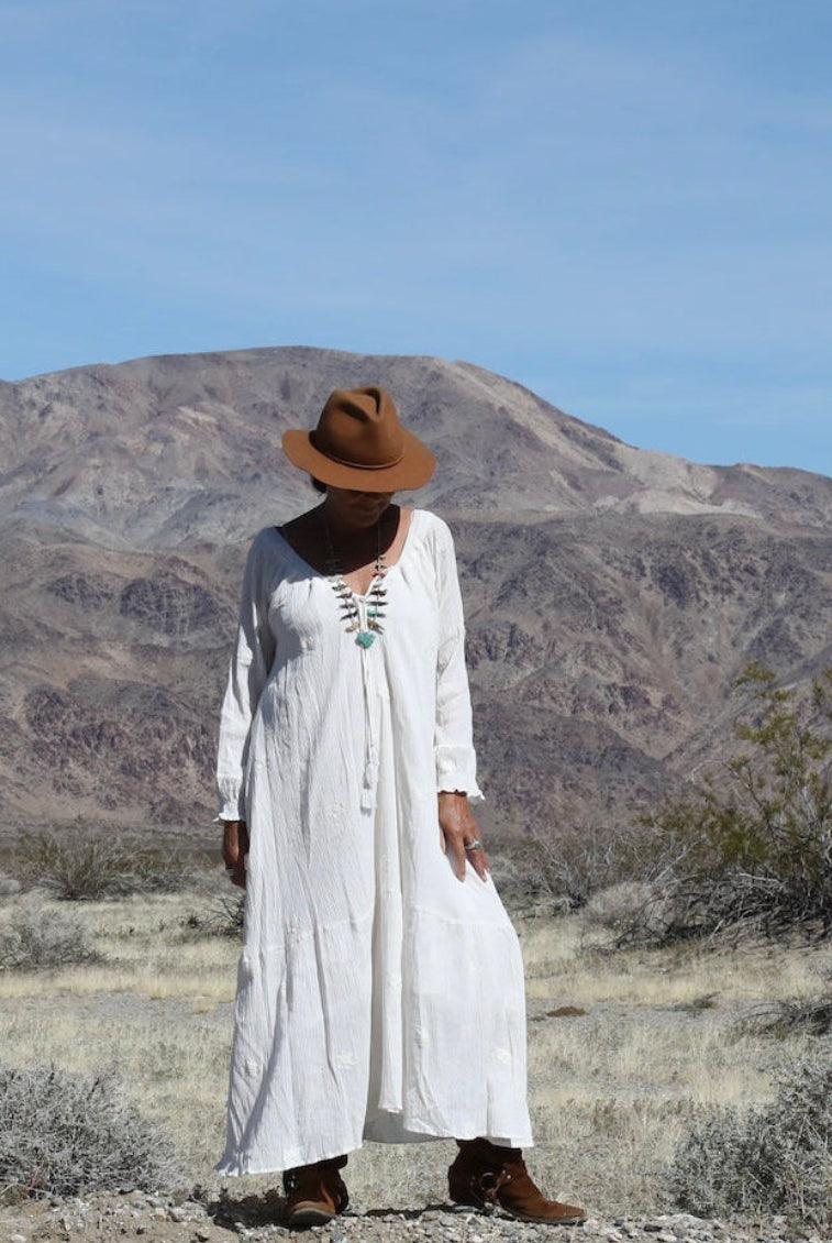 Thelma Embroidered Maxi Dress With Long Sleeves And Side Pockets Natural