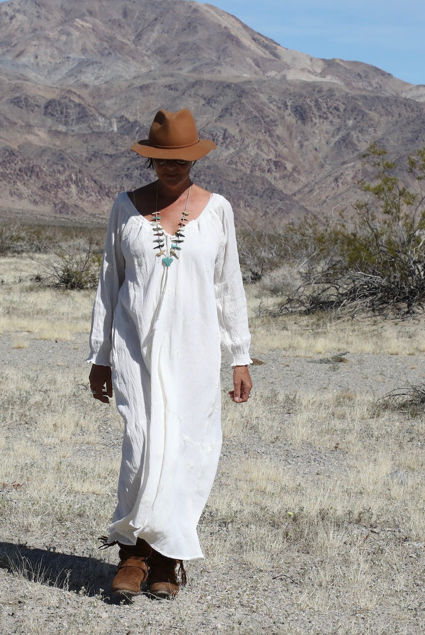 Thelma Embroidered Maxi Dress With Long Sleeves And Side Pockets Natural