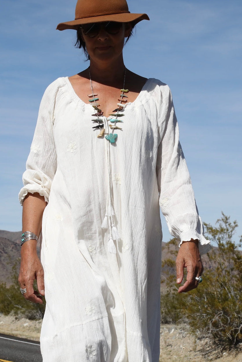 Thelma Embroidered Maxi Dress With Long Sleeves And Side Pockets Natural