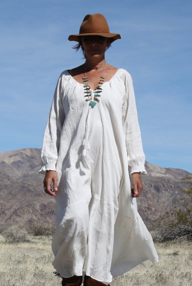 Thelma Embroidered Maxi Dress With Long Sleeves And Side Pockets Natural