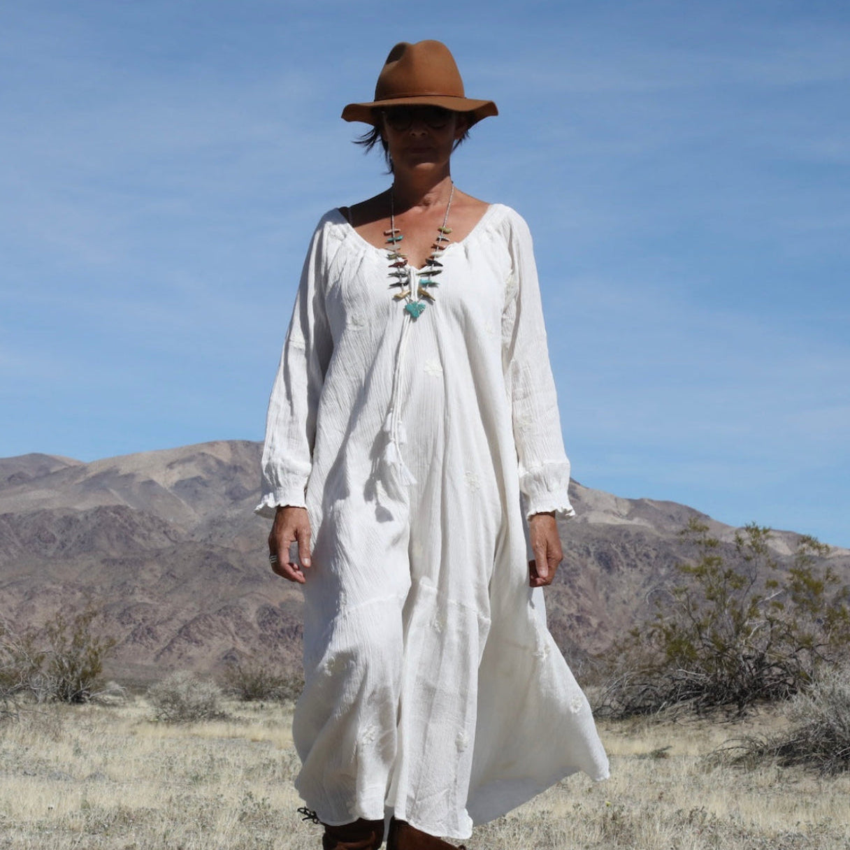 Thelma Embroidered Maxi Dress With Long Sleeves And Side Pockets Natural