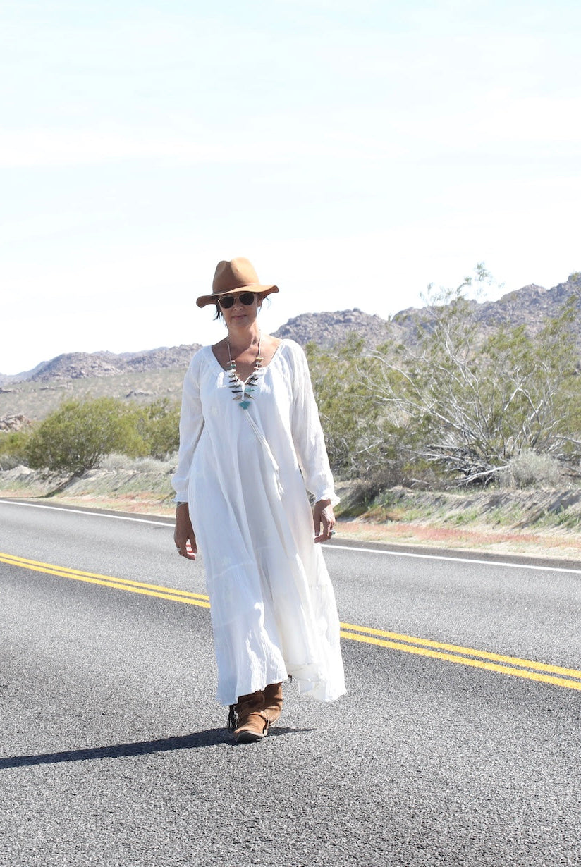 Thelma Embroidered Maxi Dress With Long Sleeves And Side Pockets Natural