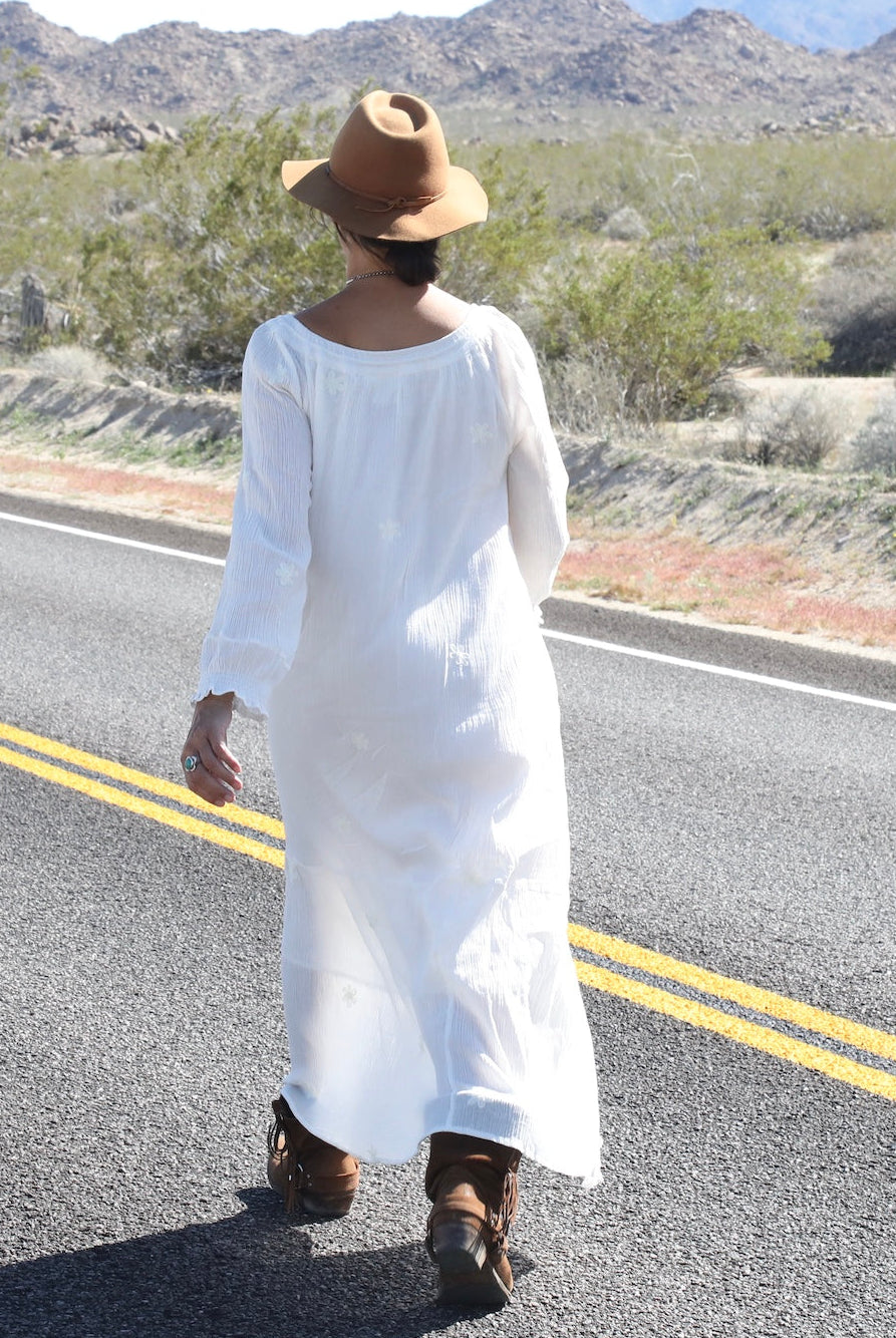 Thelma Embroidered Maxi Dress With Long Sleeves And Side Pockets Natural